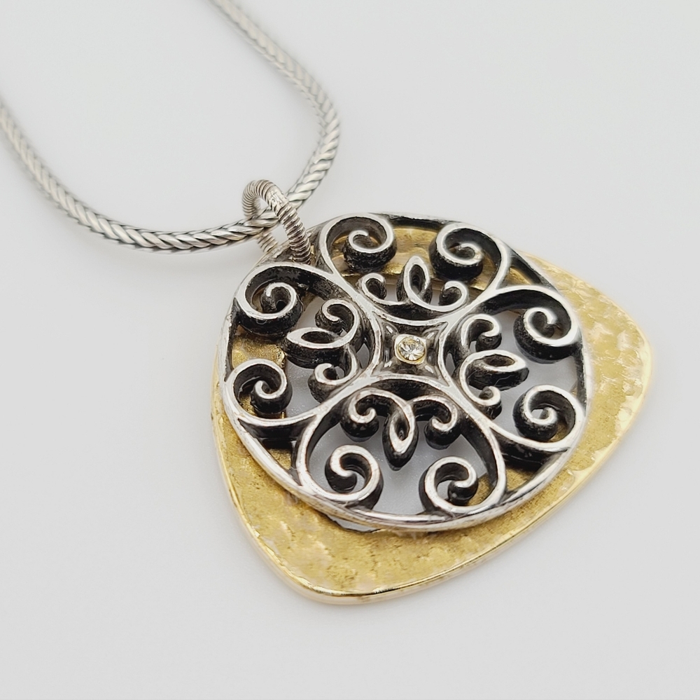 $52 Brighton "Highland Park" Textured Gold & Silver Layered Filigree Pendant!